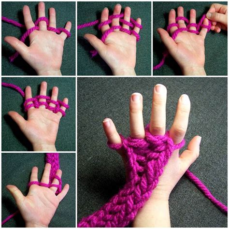 Feb 3, 2020 · 4. Pull the bottom row up and over your fingers just like you did when casting on. Start with your little finger and work back ending with your index finger. 5. When you flip it over you can see the finger knitting starting to form. Gently pull the tail down at the back of your hand to tighten the knot. 6. 